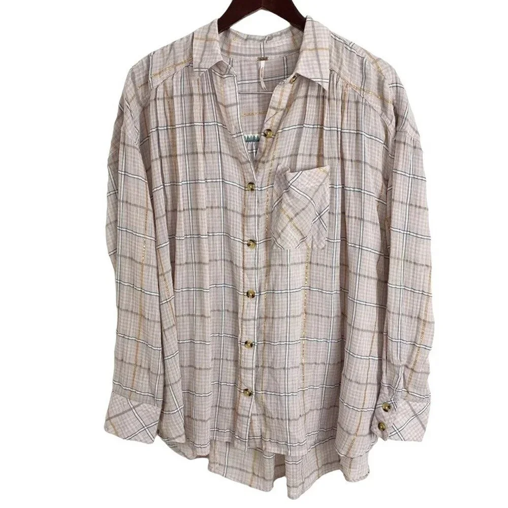 Free People Break My Stripe Pink Oversized Plaid Button Down Top